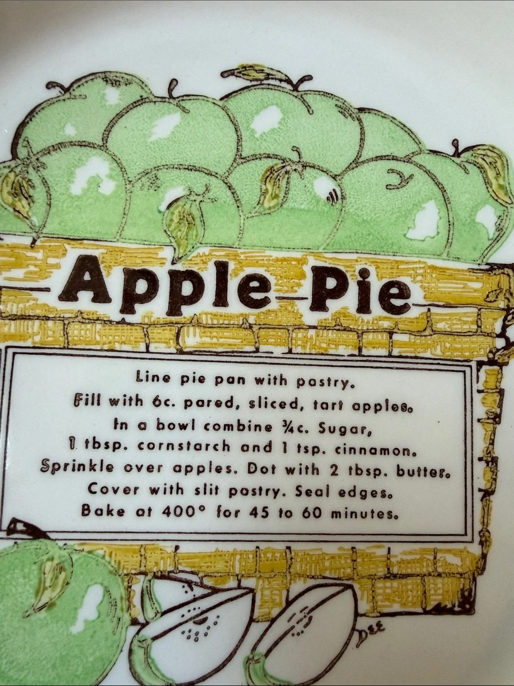 Vintage Ceramic Apple Pie Recipe Serving Pie Plate in Cream and Green